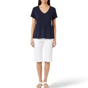 CHARLIE B 100% Linen Navy Blue Short Sleeve Vee Neck Tee Shirt Sz XL